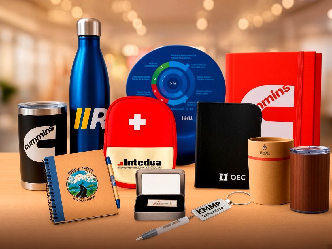 Piezas de merchandising corporativo sobre una mesa